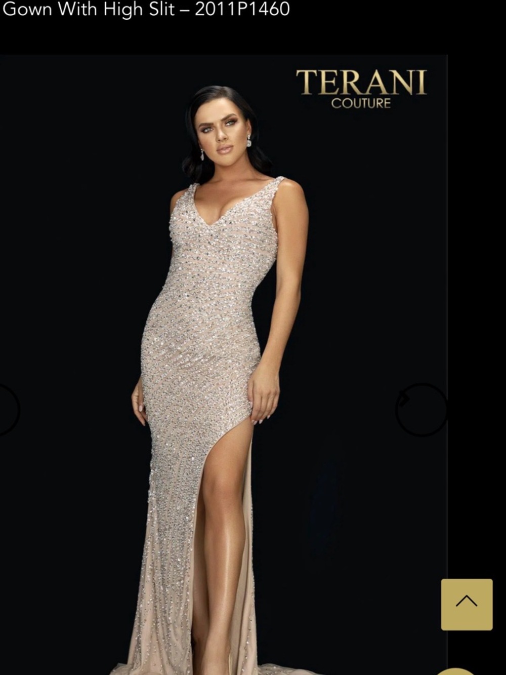 Terani Couture Beaded Champagne Evening Gown with High Slit - 2011P1460